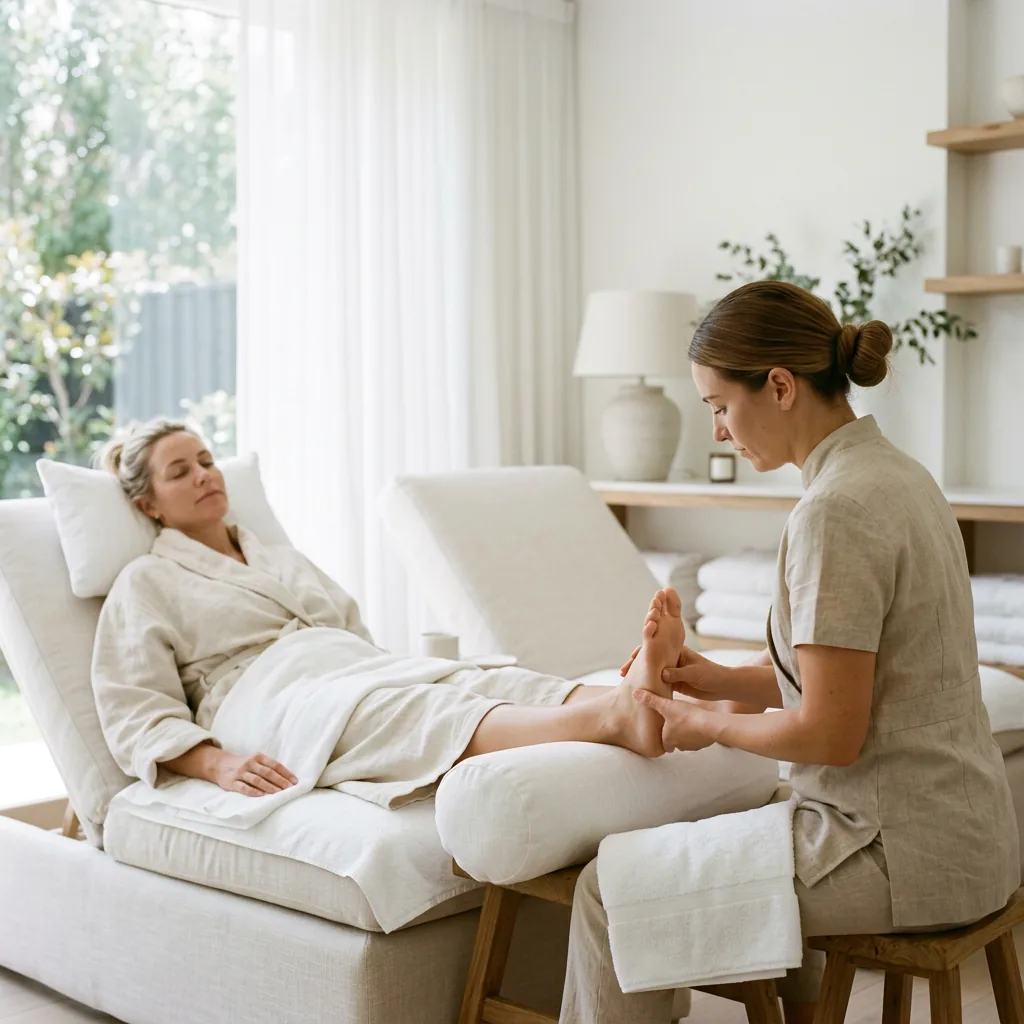Client reclining in a white robe on a lounge chair while a seated therapist works the sole of her foot with both thumbs beside a sunlit window