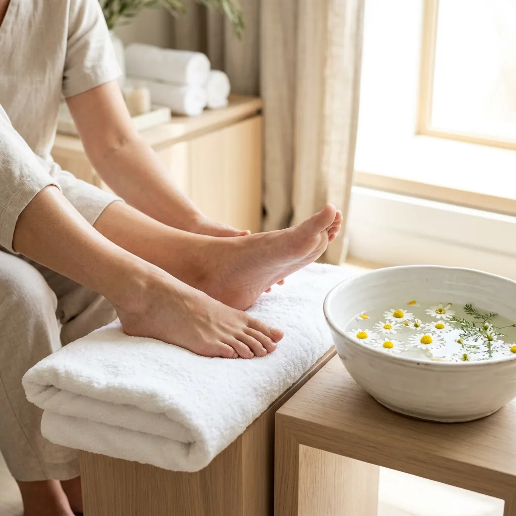 Client's bare feet resting on a stack of folded white towels next to a bowl of chamomile-infused water after a reflexology session