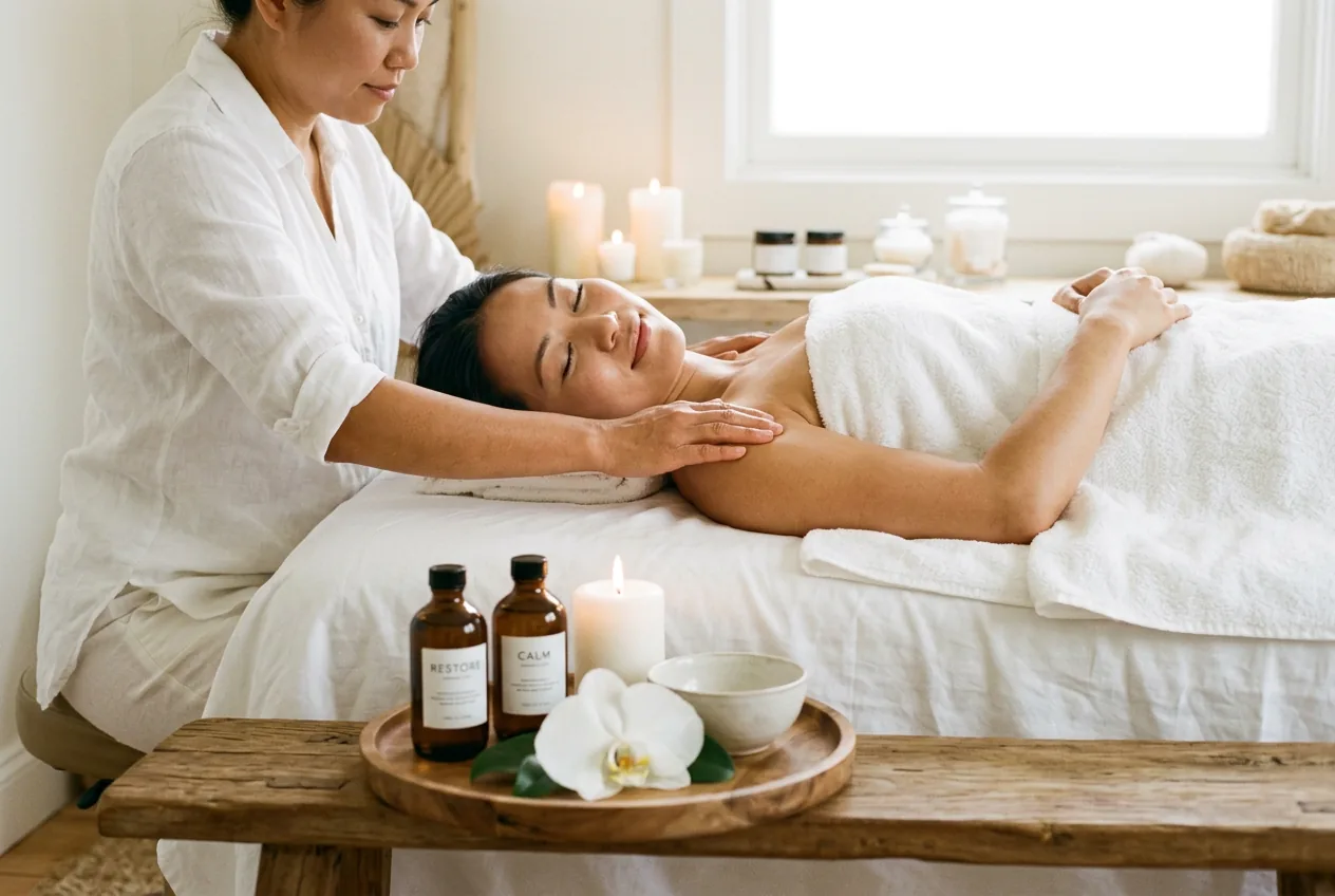 Therapist's hands resting on a client's shoulders under white linen beside a tray of massage oils, a candle and a white orchid
